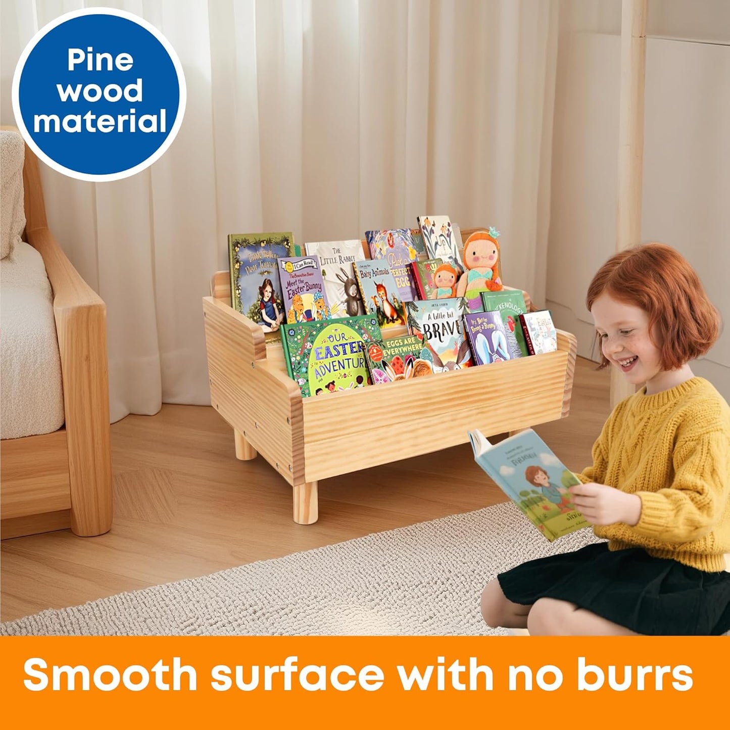 Kids Bookshelf,Montessori Bookshelf Small for Toddler,Baby Book Shelf Caddy with Divider,Toddler Book Storage Holder Container Wooden for Playroom,Kids Room,Nursery,Classroom,Pine (Natural Wood)