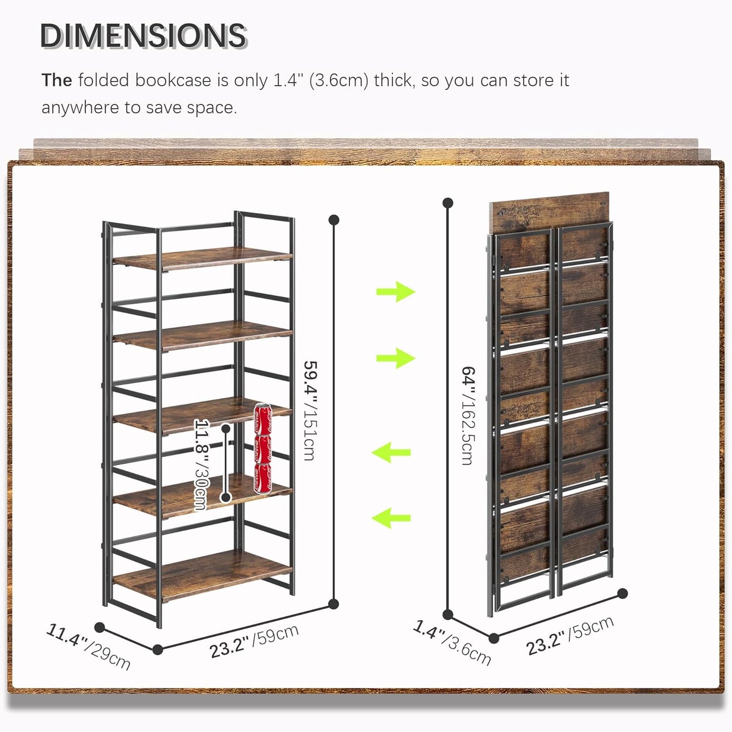 4NM No Assembly 5 Tiers Book Shelves, Black Folding Bookshelf Bookcase Open Industrial Foldable Shelves for Bedroom, Living Room, Home Office - Rustic Brown Black