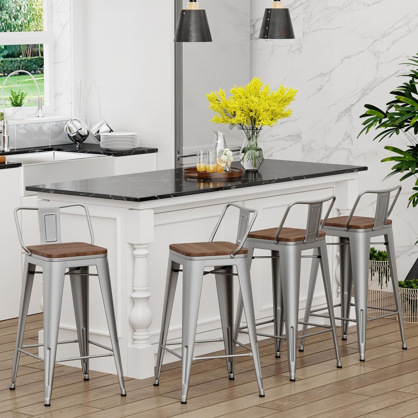 Yongchuang 30 inch Bar Stools Set of 4 Bar Height Metal Barstools with Wood Seat Low Back Kitchen Bar Chairs Silver
