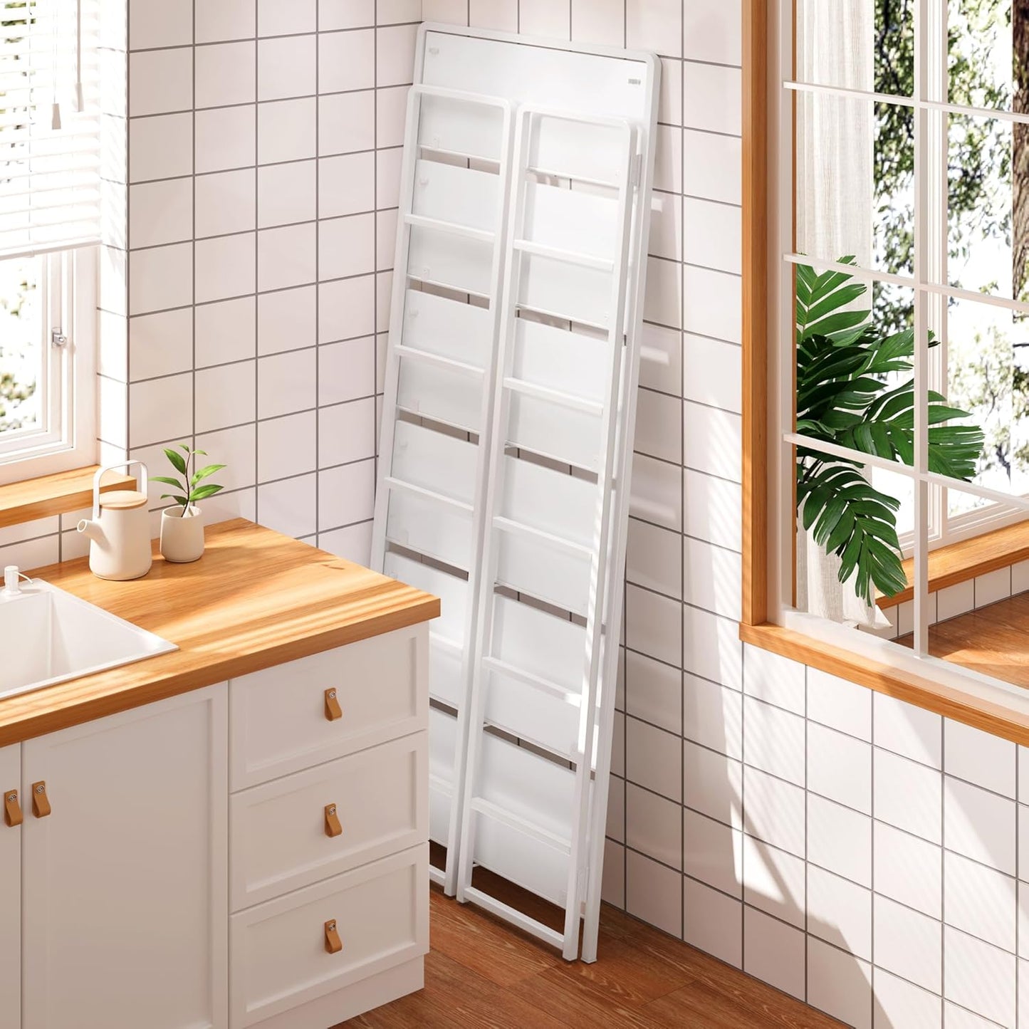 4NM No-Assembly 6 Tiers Folding Bookshelf Storage Shelves Vintage Bookcase Standing Racks Study Organizer Home Office (All White)