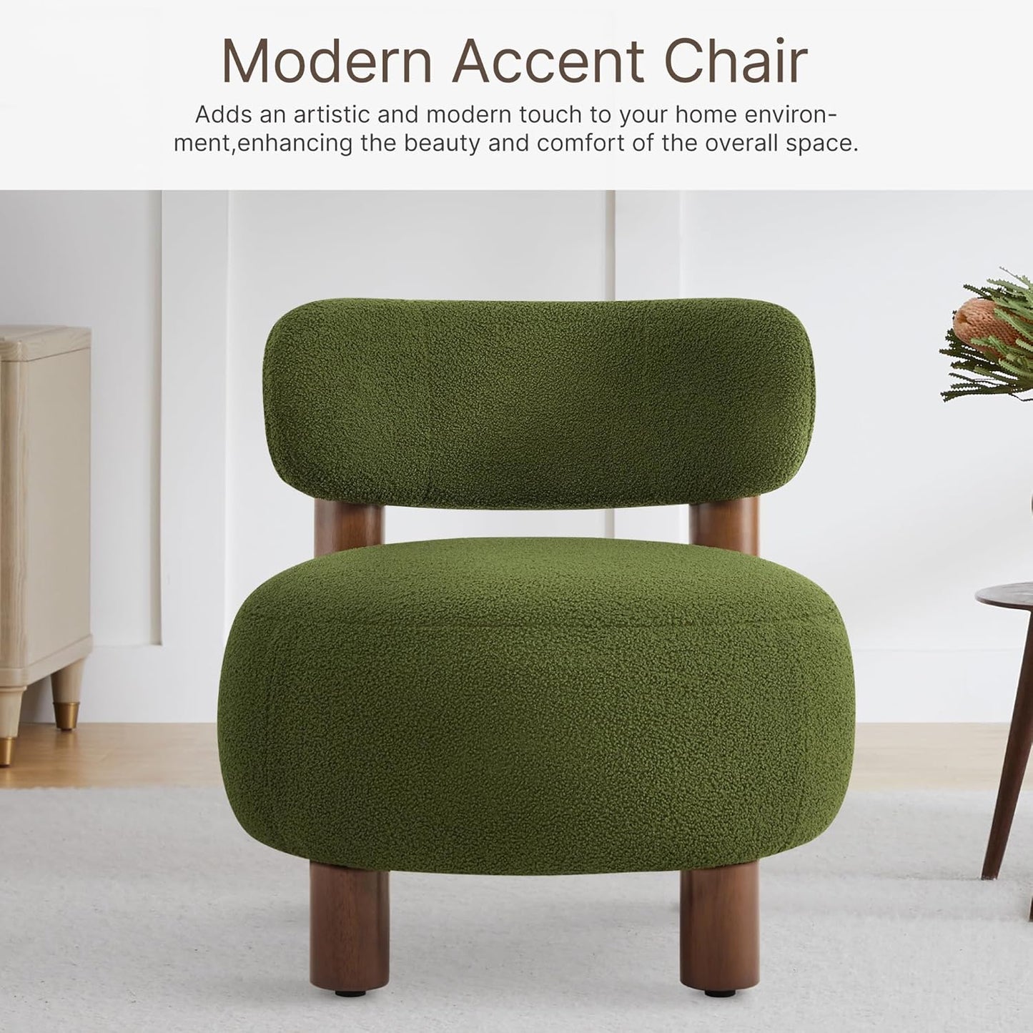 Modern Boucle Accent Chair Set of 2, with Plush Faux Sherpa Upholstery, Curved Backrest, Solid Wood Legs for Living Room Bedroom Reading Nook, 27.5", Green