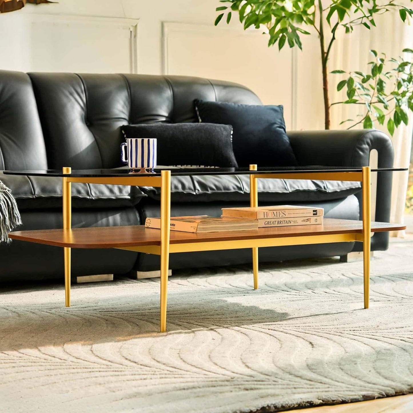 AGV LIGHTING Tadio Large Glass Coffee Table, Mid-Century Modern Coffee Table for Living Room, Gold Finish Leg, Coffee Brown Glass Top & Walnut Brown Shelf, 47 in Rrounded Corners