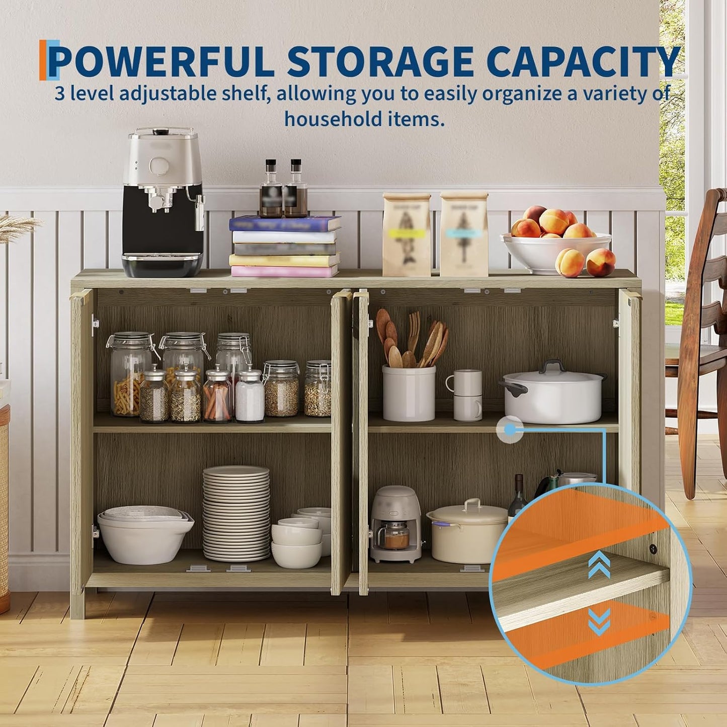 Buffet Cabinet with Storage, 55" Sideboard with 4 Doors and Adjustable Shelves, Modern Credenza Buffet Table Media Console for Dining Room Living Room Entryway, Oak