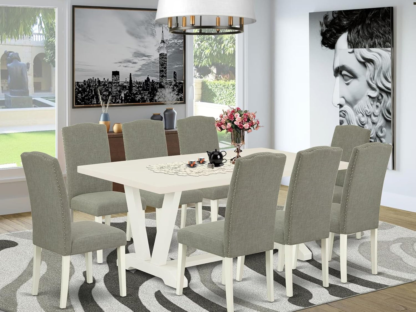 East West Furniture V027EN206-9 9 Piece Dining Room Set Includes a Rectangle Kitchen Table with V-Legs and 8 Dark Shitake Linen Fabric Upholstered Chairs, 40x72 Inch, Multi-Color