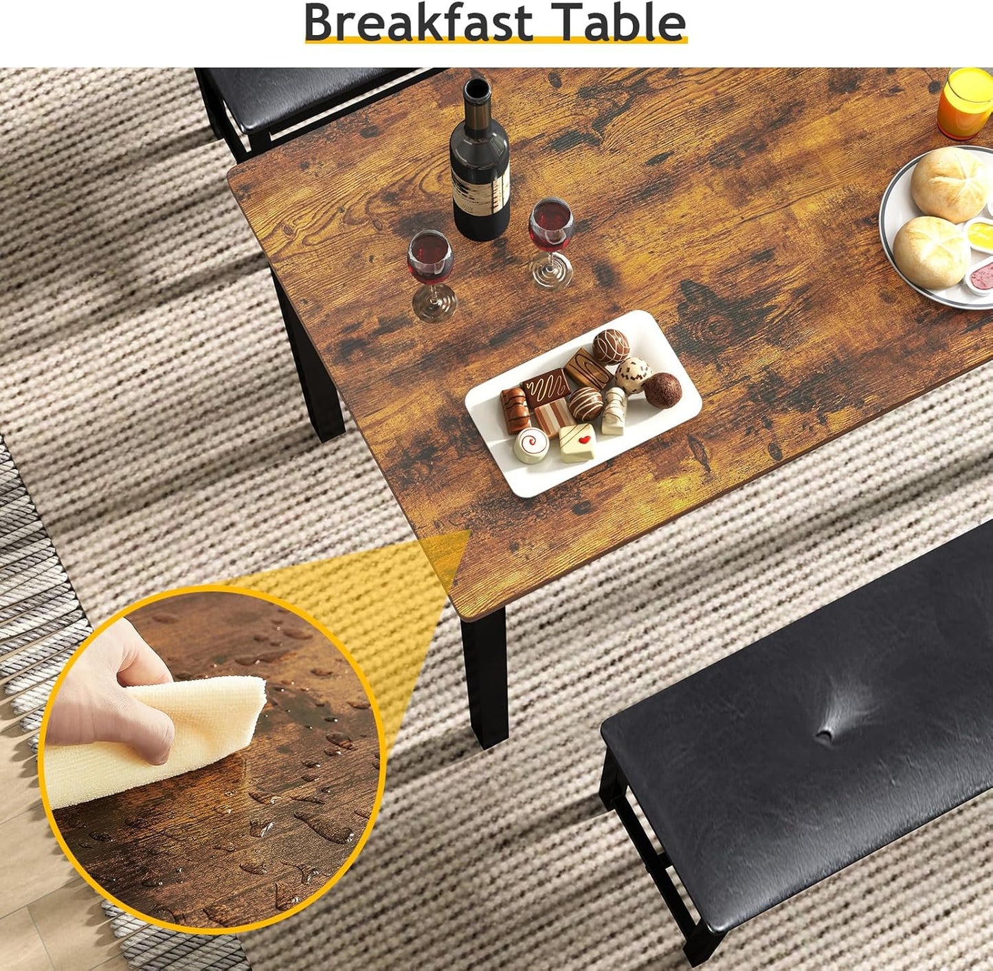 Rovibek Dining Room Table Bench Set for 4, Modern Space Saving Kitchen Table with with 2 Upholstered Benches & Adjustable Feet, Wooden Breakfast Table, 43", Brown