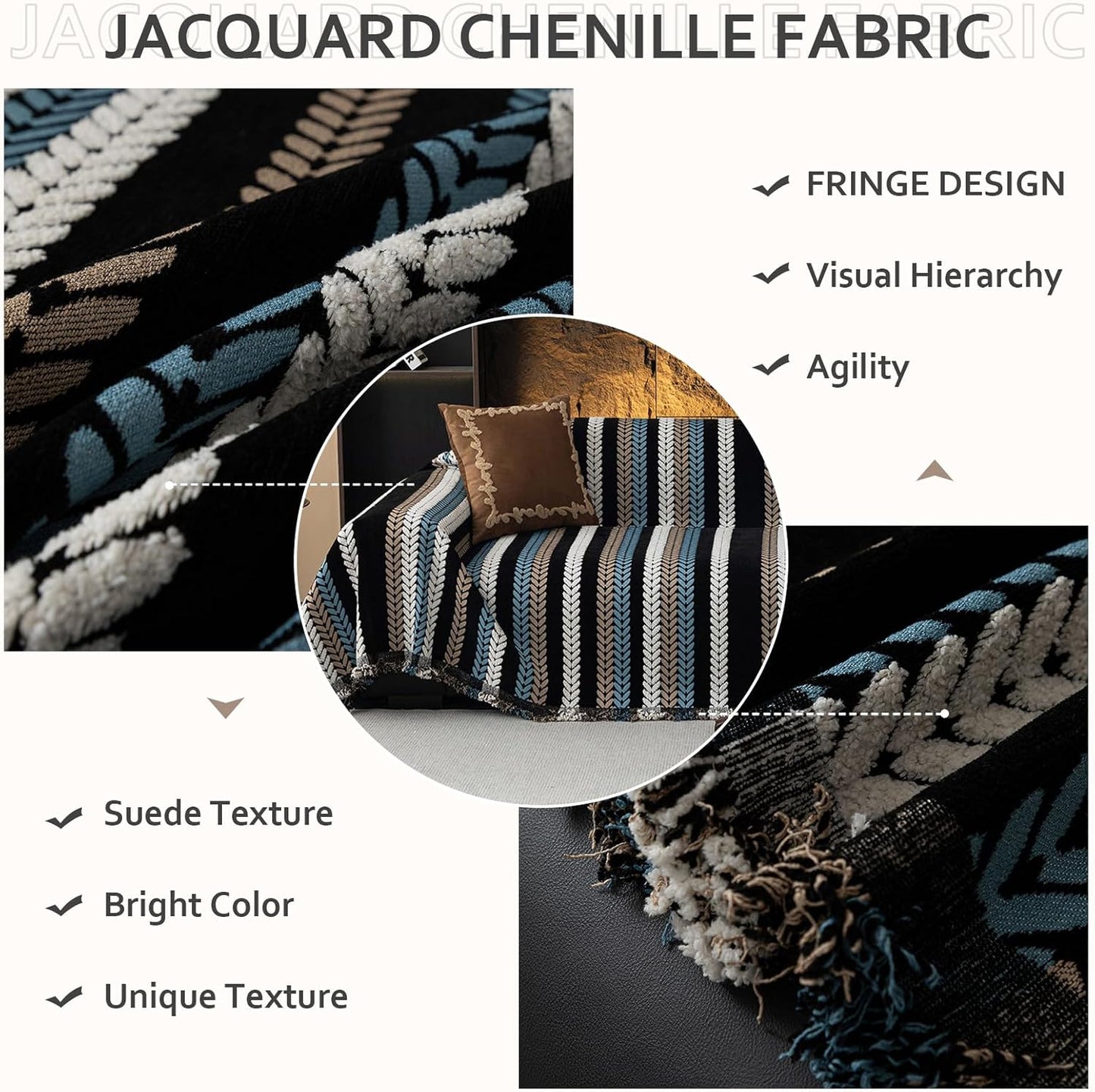 STACYPIK Boho Chenille Sofa Cover, Soft Jacquard Leaves Couch Cover, Non-Slip Loveseat Cover for Sectional Sofa, Washable Pet Protector for 3 Cushion Couch,Multi-use Vintage Throw Slipcover-71x134IN