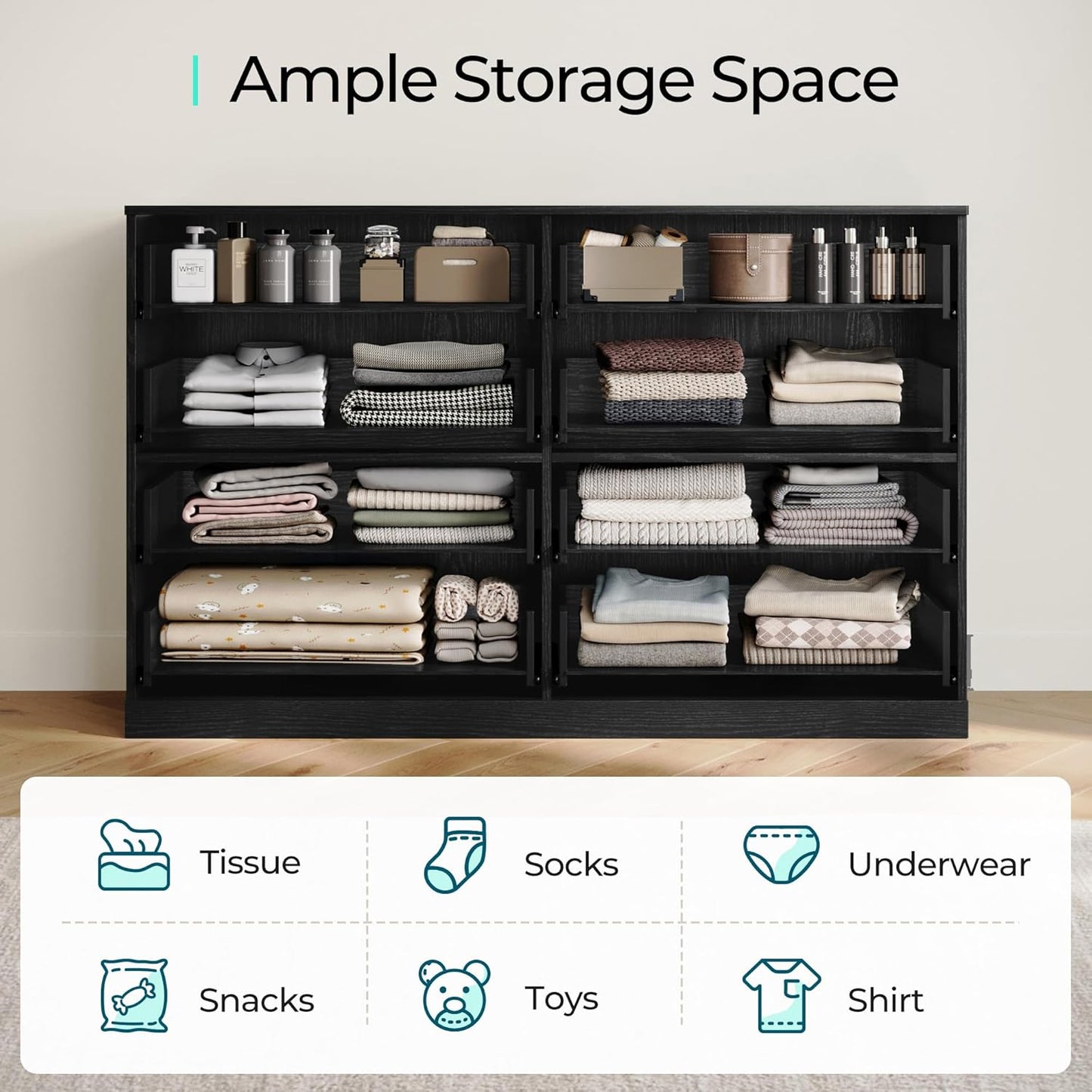 LINSY HOME 8 Drawer Dresser for Bedroom, 54" Wide Chest of Drawers, Modern TV Stand Dressers with Wood Frame and Metal Handles, Large Drawer Organizer for Bedroom, Living Room, Black