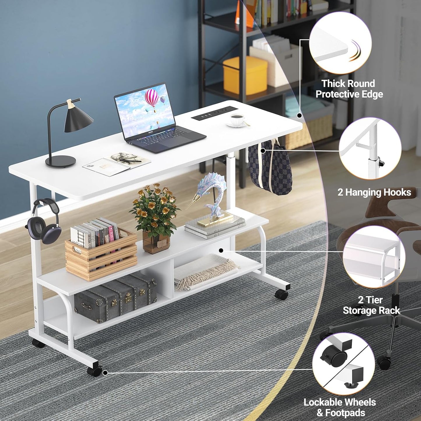 Armocity Height Adjustable Standing Desk with Power Outlets, 47" Manual Stand Up Desk with Storage Shelves Small Mobile Rolling Computer Desk Portable Laptop Table with Wheels for Home Office, White