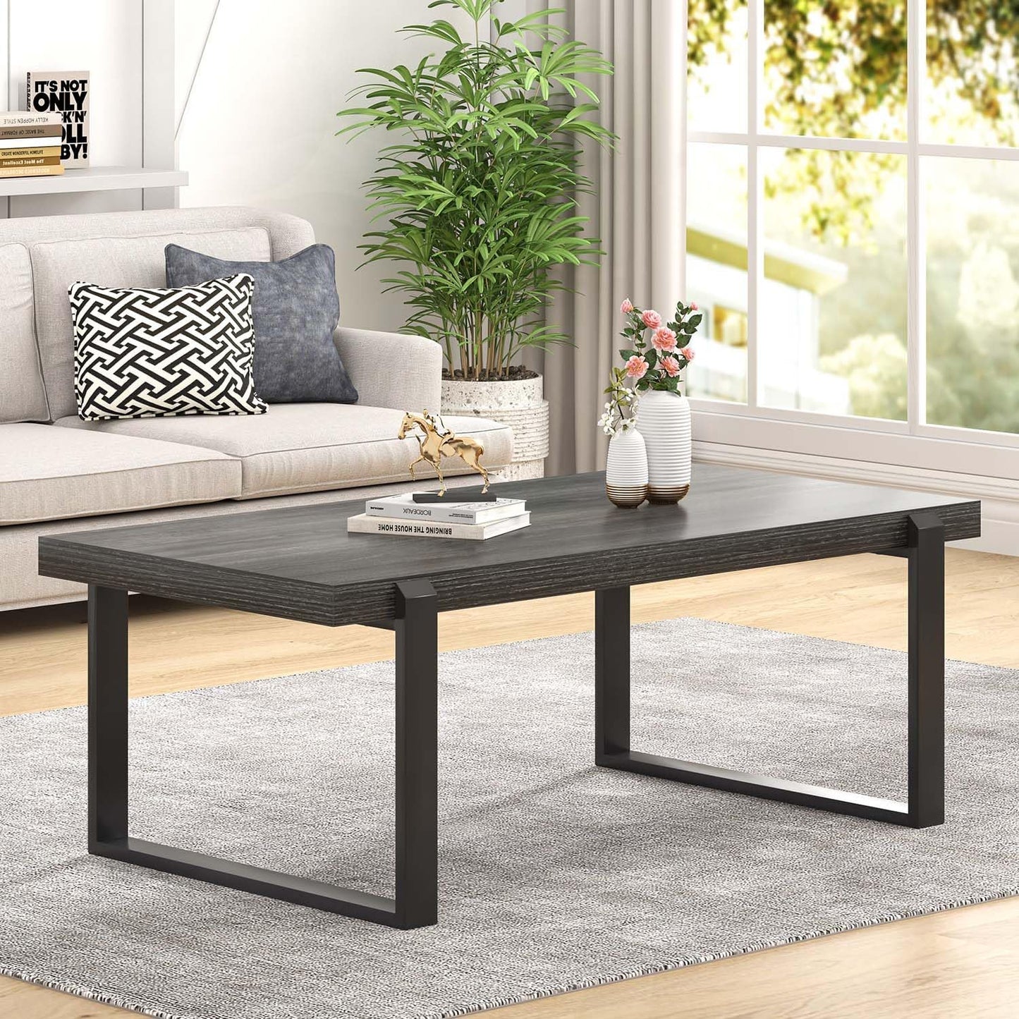 FOLUBAN Industrial Coffee Table, Rustic Wood and Metal Center Table, Modern Rectangle Cocktail Tea Table for Living Room, Dark Gray, 47 Inch