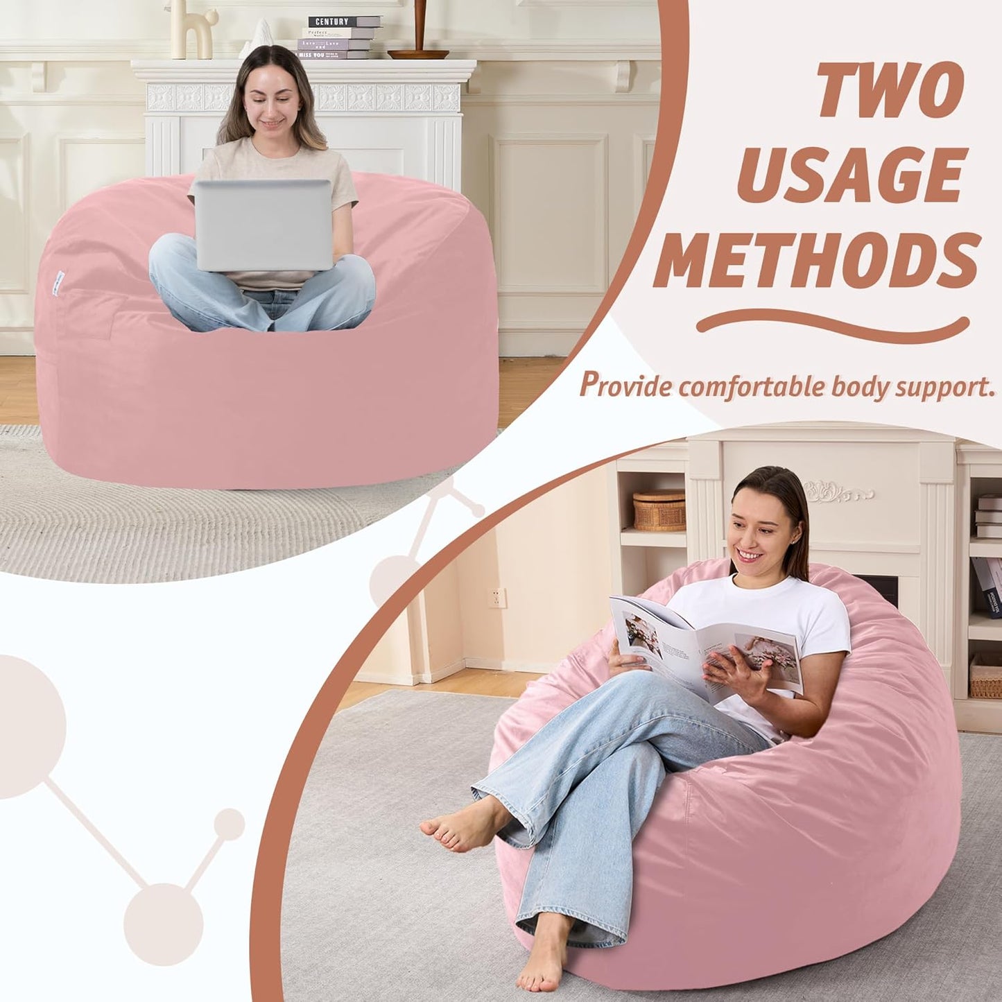 3FT Bean Bag Chair with Ultra Soft Velvet Cover Bean Bag Sofa with Memory Foam Bean Bag Chairs with Large Size Lazy Sofa for Dorm Office Living Room Bedroom Light Pink 3'