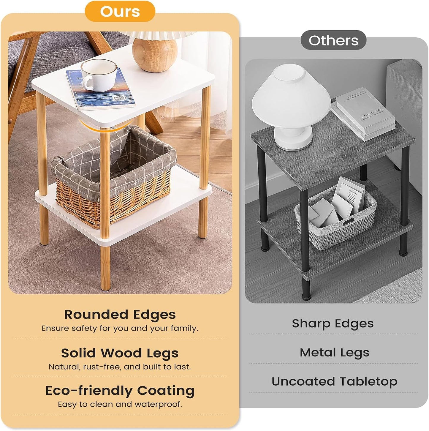 Apicizon 2 Tier End Table, Small Side Table with Solid Wood Legs, Boho Bedside Table with Storage Shelf, Nightstand for Small Spaces, Bedroom, Living Room, Entryway, Easy Assembly, White+Natural
