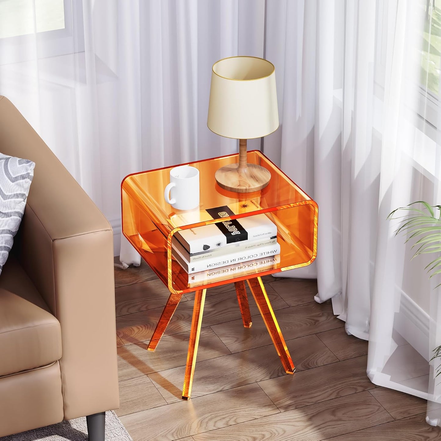 Acrylic Side Table, Acrylic Nightstand Bedside Table for Bedroom (Orange, 16.1'' x 11.8'' x 19.7'')