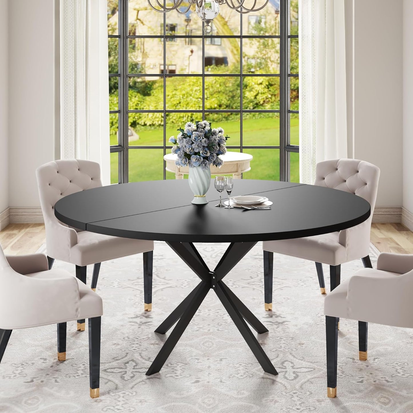 47.24" Round Dining Table for 4-6 Person, Round Kitchen Table with Wood Top, Circle Dinner Pedestal Tables with Metal Legs for Dining Room Kitchen (Black)