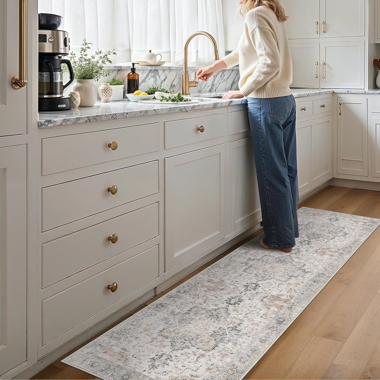 GENIMO Runner Rug 2x8 Non Slip Vintage Hallway Runner Rug, Low Pile Lightweight Rugs for Entryway, Hallway, Kitchen and Corridor, Light Taupe Brown