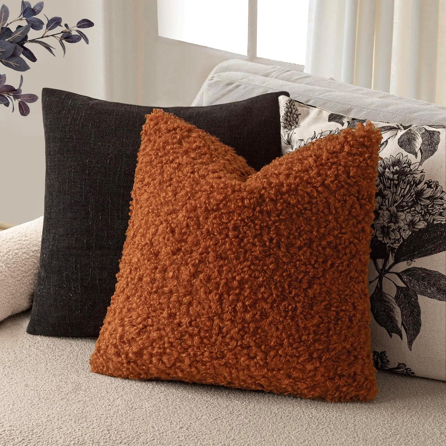 Foindtower 2 Pieces 18x18 Inch Burnt Orange, Faux Fur Throw Pillow Cover Accent Sherpa Furry Pillow Cover Fuzzy Soft Pillowcases Cozy Sheepskin Decorative Fleece Cushion Case for Bed Couch Living Room