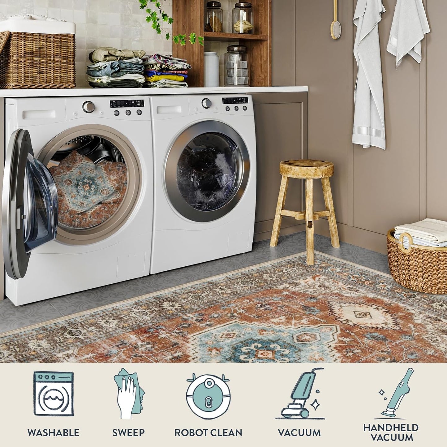 Lahome Oriental Hallway Runner Rug, 2.5x8 Kitchen Runner Non Slip Ultra-Thin, Soft Washable Hallway Rug Non Shedding Long Carpet for Entryway ‎Laundry Room Bathroom, Orange/Multi