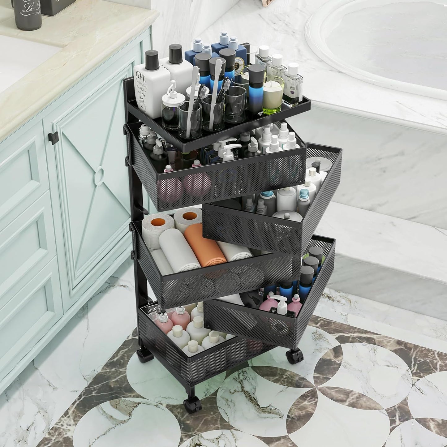 Rolling Rotating Storage Cart No Assembly Required，Bathroom Shelf Fruit and Vegetable Basket for Kitchen,Storage Drawer Organizer Cart ，Metal Utility cart on Wheels(Black, 5 Tier-Square)