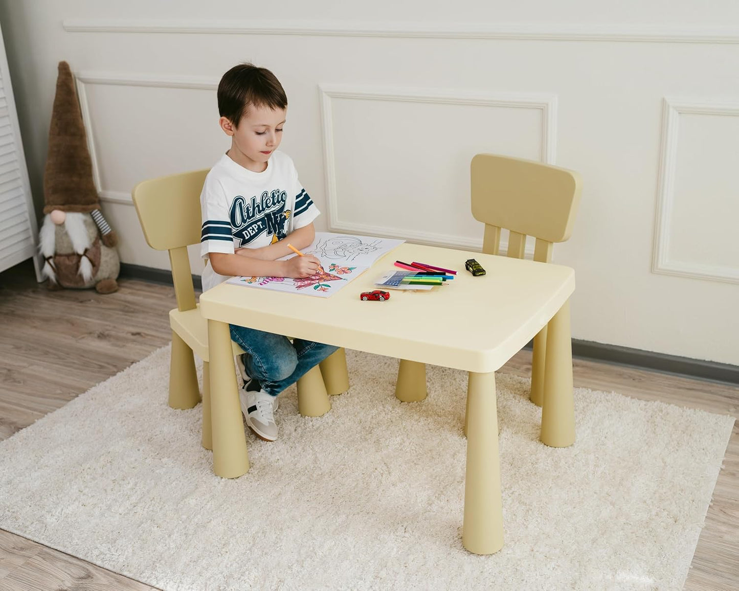 Kids Table and Chairs Set with Storage Drawer, Height-Adjustable Children's Desk for Toddlers, Sturdy Easy-Clean Surface, Safe Rounded Corners, Perfect for Playroom, Study, Arts & Crafts