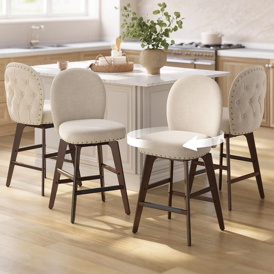 VASAGLE Bar Stools Set of 4, Swivel Counter Height Bar Stools with Back and Wood Legs, Chenille Fabric Upholstered Barstools, 26.2-Inch Tall Counter Barstools for Kitchen Island, Cappuccino Beige
