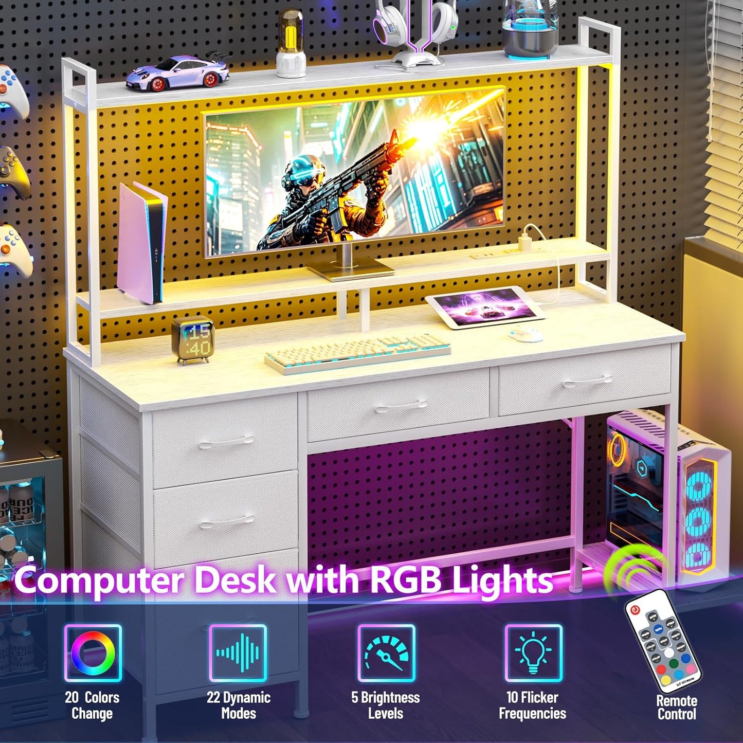 Computer Gaming Desk with Hutch, Home Office Desk with Power Outlets, LED Light, 5 Storage Drawers, 2 Tiers Shelves for Display, 47 Inch Modern Study Writing Table for Bedroom, White