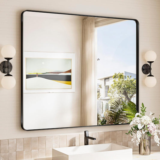 TokeShimi 42x36 Black Bathroom Mirror for Over Sink,Aluminum Framed Vanity Mirror with Tempered Glass,Modern Wall Mirrors(Horizontal/Vertical)