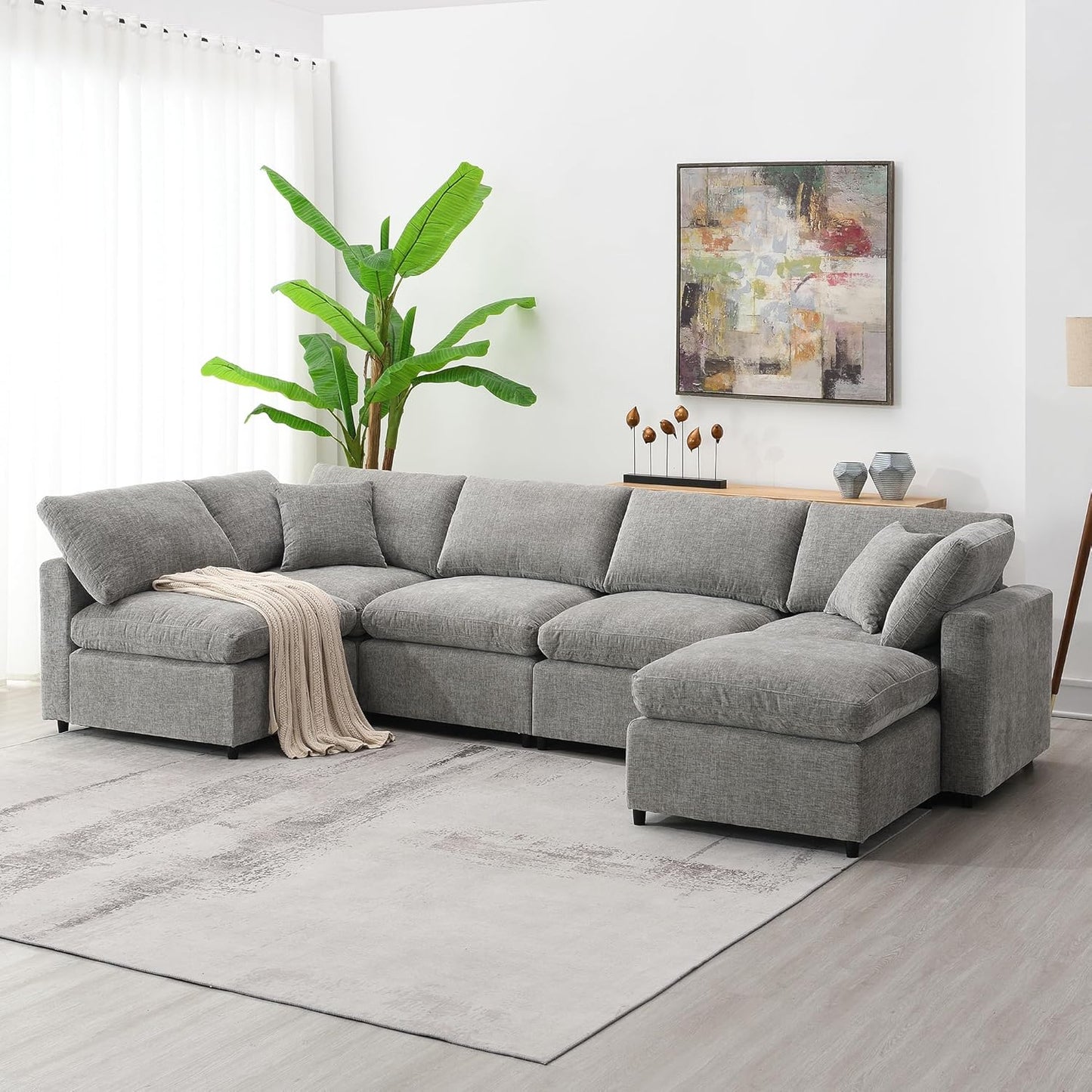 130" Chenille Modular Sofa,Modern 6 Seat Free Combination Cloud Couch Bed Set,Convertible U Shaped Sleeper Couched,with Ottoman,for Living Room, Apartment,Sleeping Room,Gray
