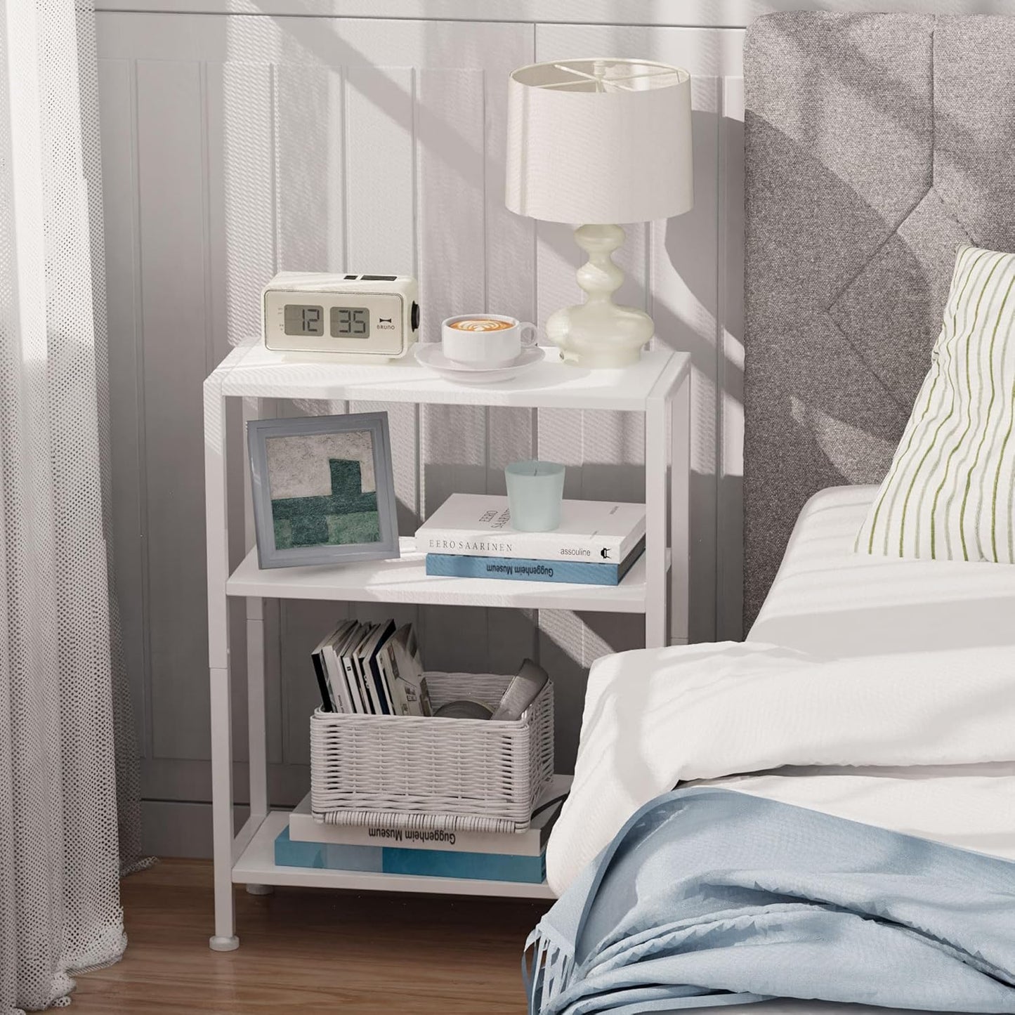 3-Tier Side Table Set of 2, Small End Table, Sofa Side Table for Narrow Spaces, Slim End Table, Nightstand Table, for Living Room Bedroom Office, White