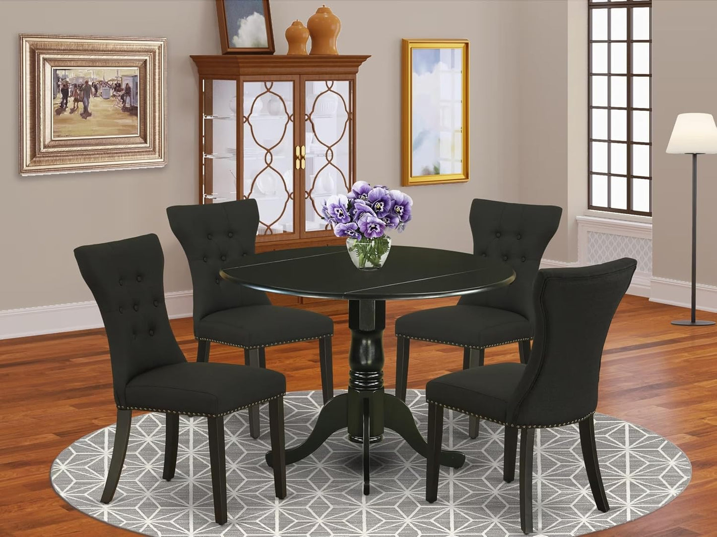 East West Furniture DLGA5-BLK-24 5 Piece Kitchen Table Set for 4 Includes a Round Dining Room Table with Dropleaf and 4 Black Linen Fabric Upholstered Chairs, 42x42 Inch, Black