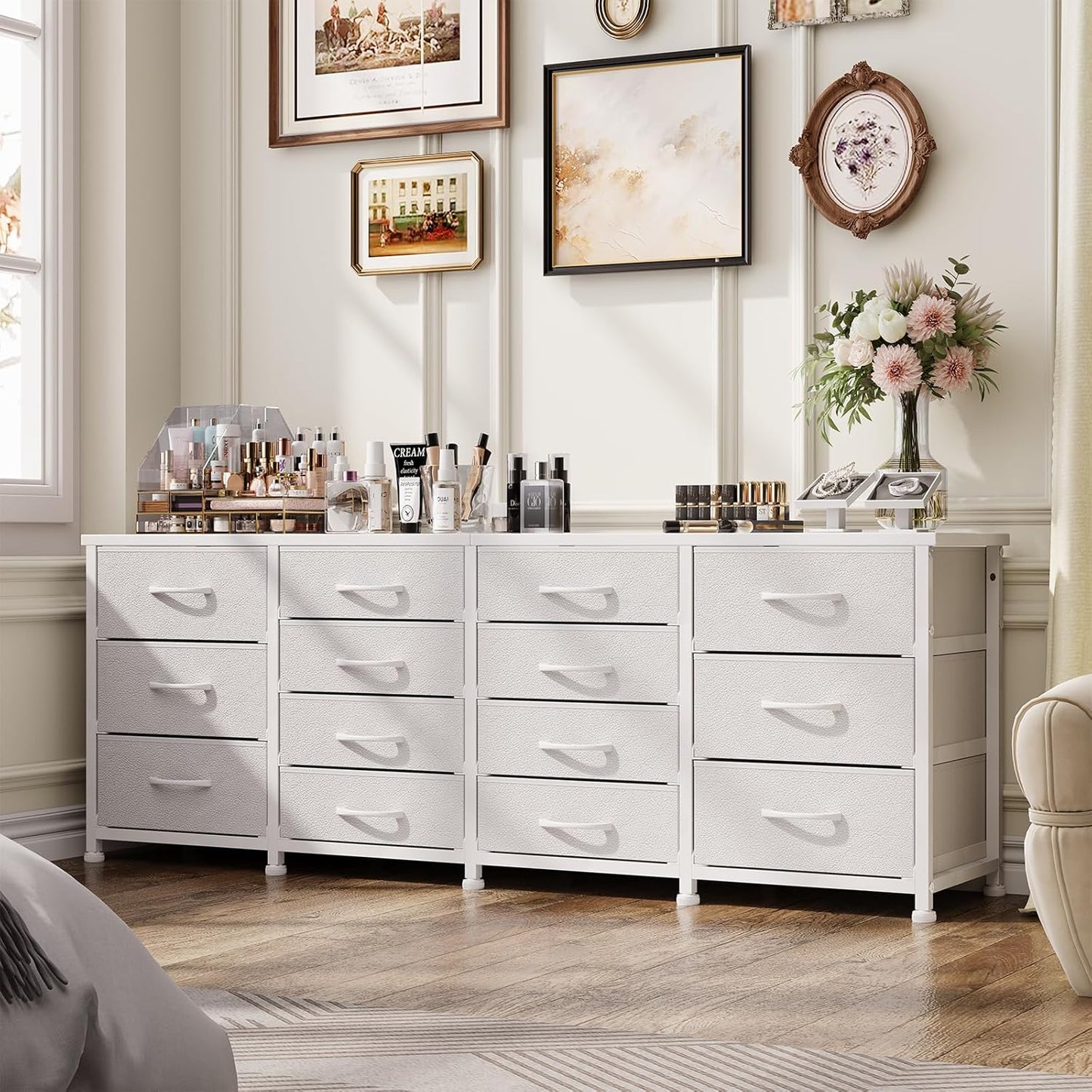 63 Inch TV Stand Dresser for Bedroom, Long White Dresser with 14 Fabric Drawers for 65 70 75 Inch TV, Entertainment Center with Storage Media TV Console Table