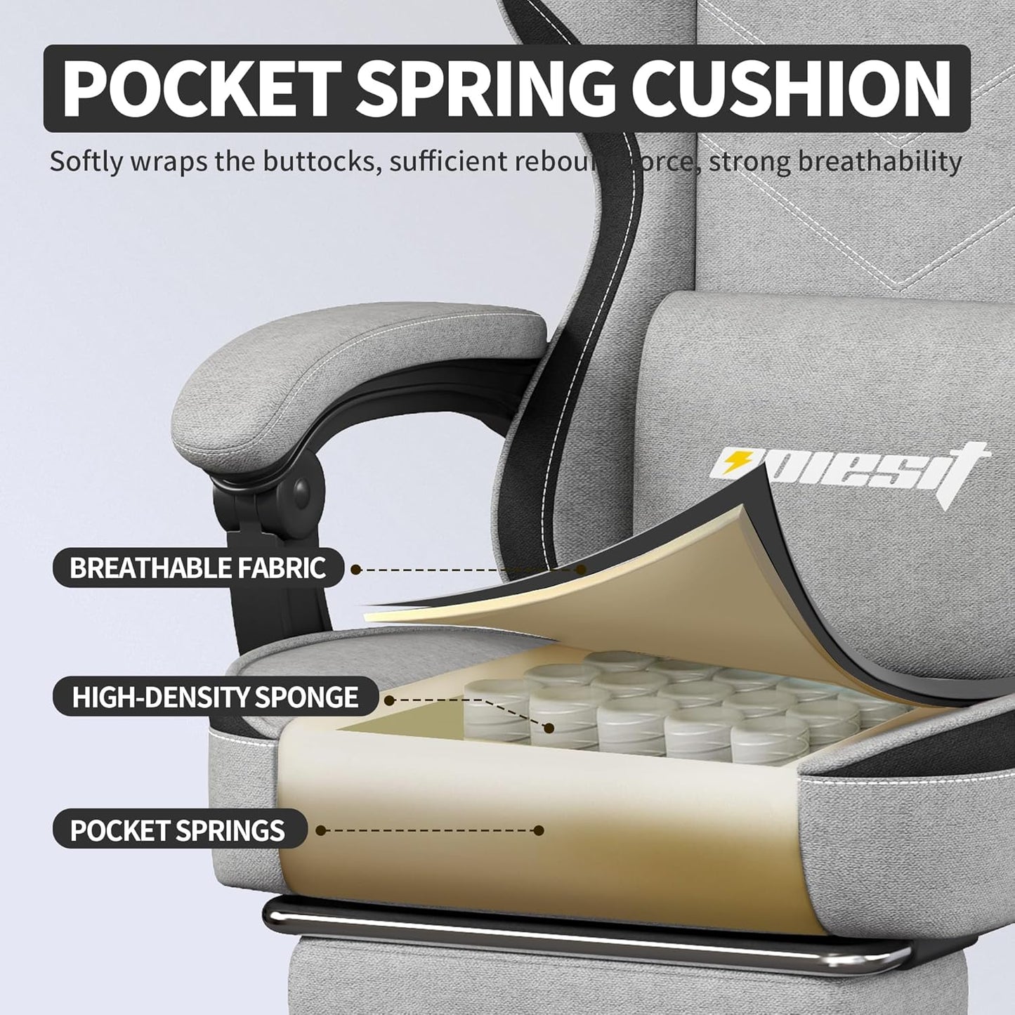 Gaming Chair,Fabric Computer Chair with Pocket Spring Cushion,400 lb Load Capacity,Ergonomic Office Chair with Footrest,Height Adjustable Video Gamer Chair with Lumbar Support (Grey)