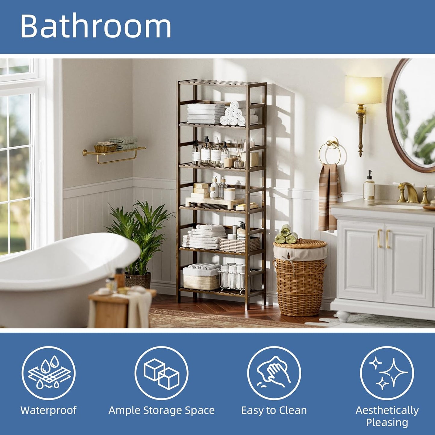 HITNET Bookcase, Bamboo Bookshelf, 6-Tier Adjustable Tall Open Book Shelf, Free Standing Storage Shelves Organizer, Flower Plant Display Stand, Walnut