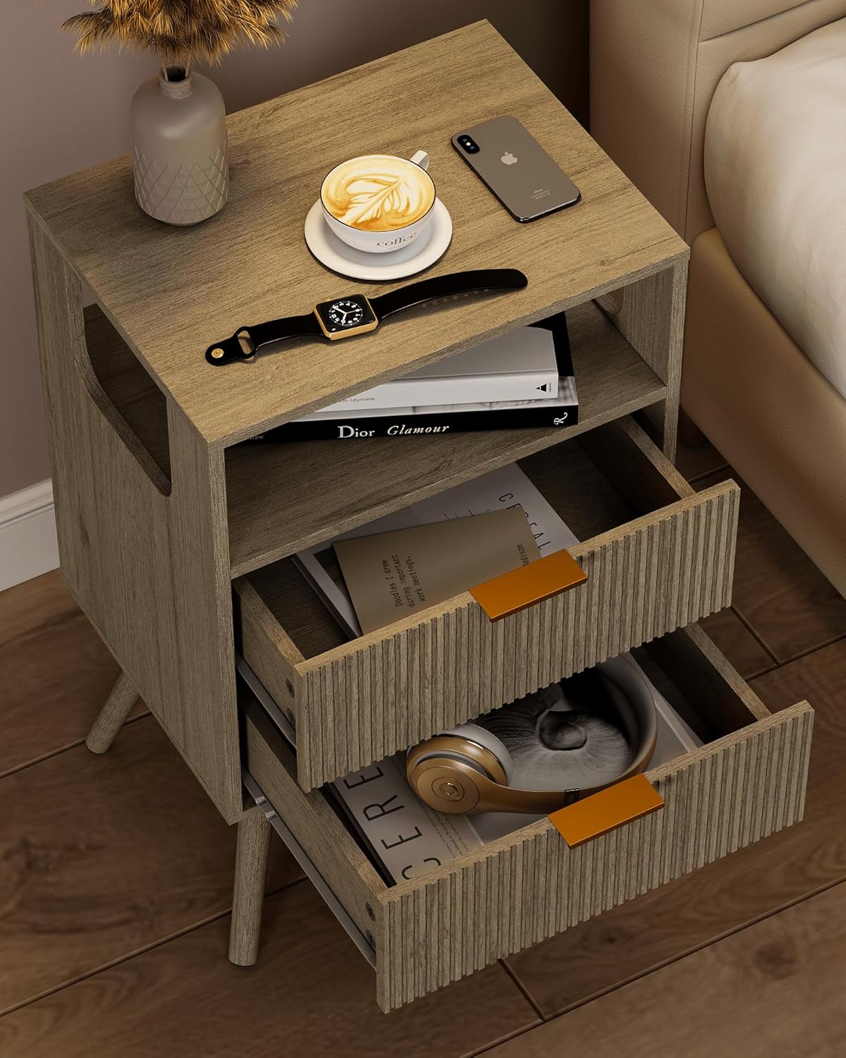 Grey Nightstand,Modern Bedside Table with 2 Storage Drawer and Open Wood Shelf, for Bedroom and Small Spaces,Night Stand with Solid Wood Legs,Grey Oak