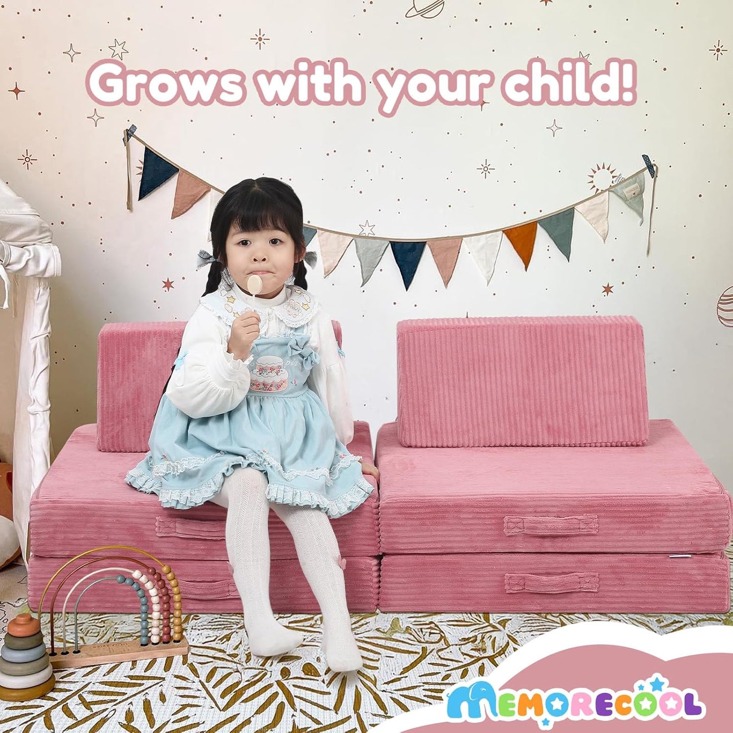 MeMoreCool Kids Couch for Playroom, Corduroy Convertible Toddler Couch, 8 Piece Modular Play Sofa, Foam Fort Building Set for Child Room Furniture, Pink