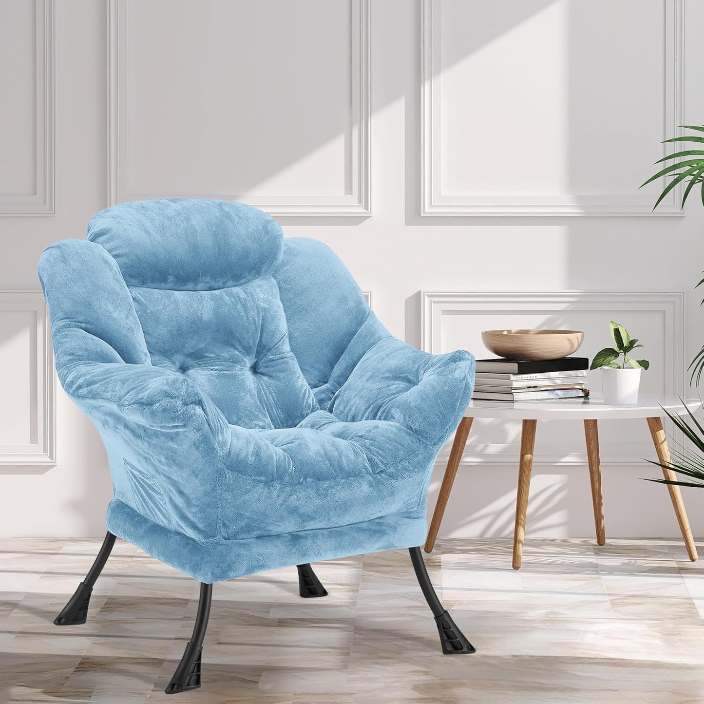 Fabric Lazy Chair for Adults, Oversized Upholstered Sofa Chair, Plush Comfy Lounge Chair with Large Side Storage Pocket, Thick Padded Reading Chair for Living Room, Bedroom, Study Room, Blue