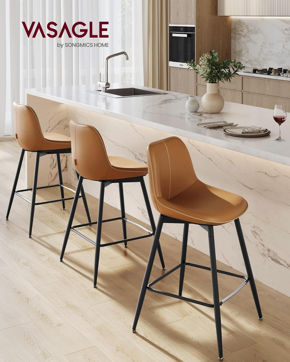 VASAGLE Bar Stools Set of 2, Counter Height Bar Stools with Back, Ergonomic Backrest, Synthetic Leather, Metal Legs, 24.4-Inch Tall Barstools for Kitchen Island Home Bar, Easy Assembly, Caramel Brown