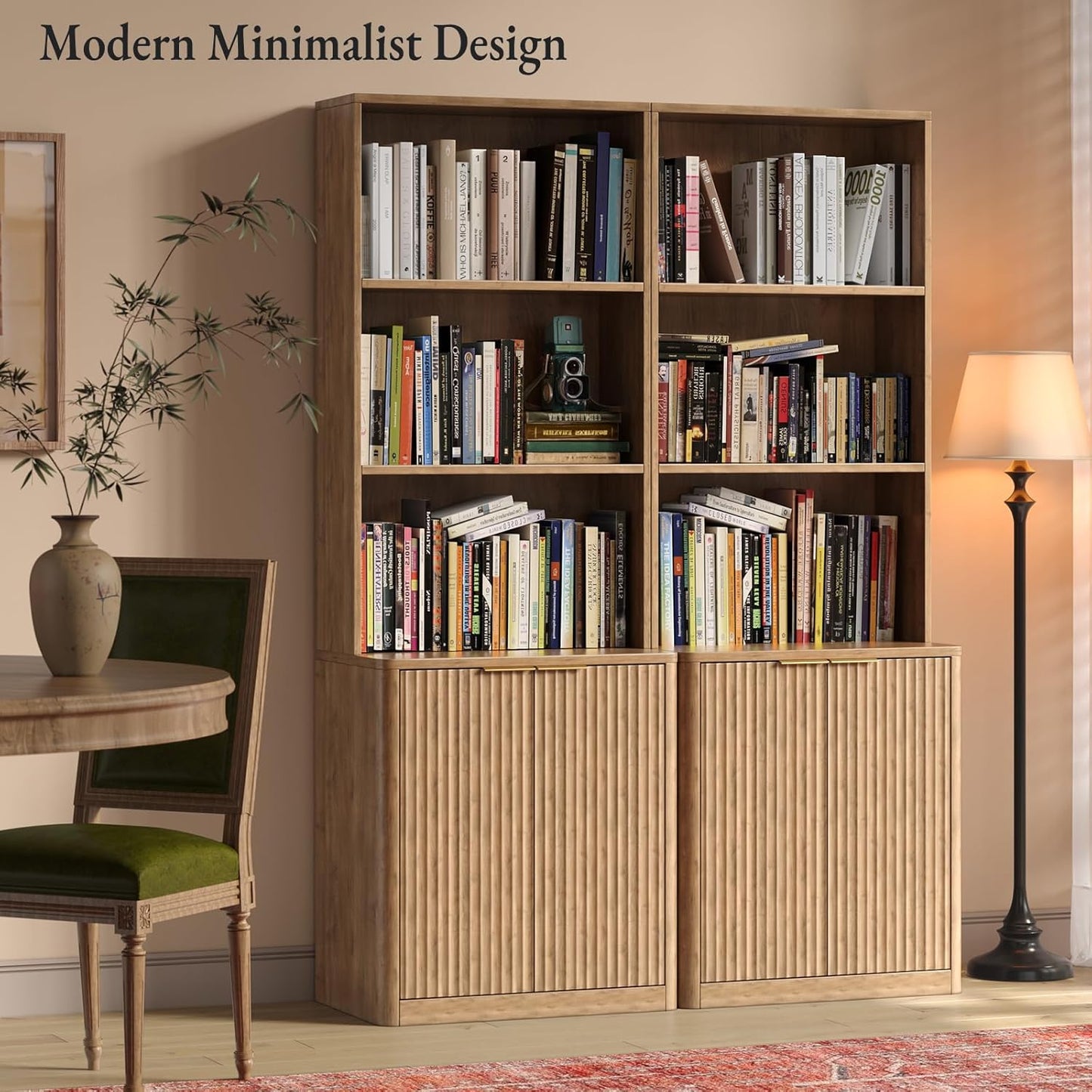 71" Oak Bookcase with Doors, 5-Tier Fluted Tall Bookshelf with Storage, Librero with Cabinet for Home Office, Living Room,or Bedroom