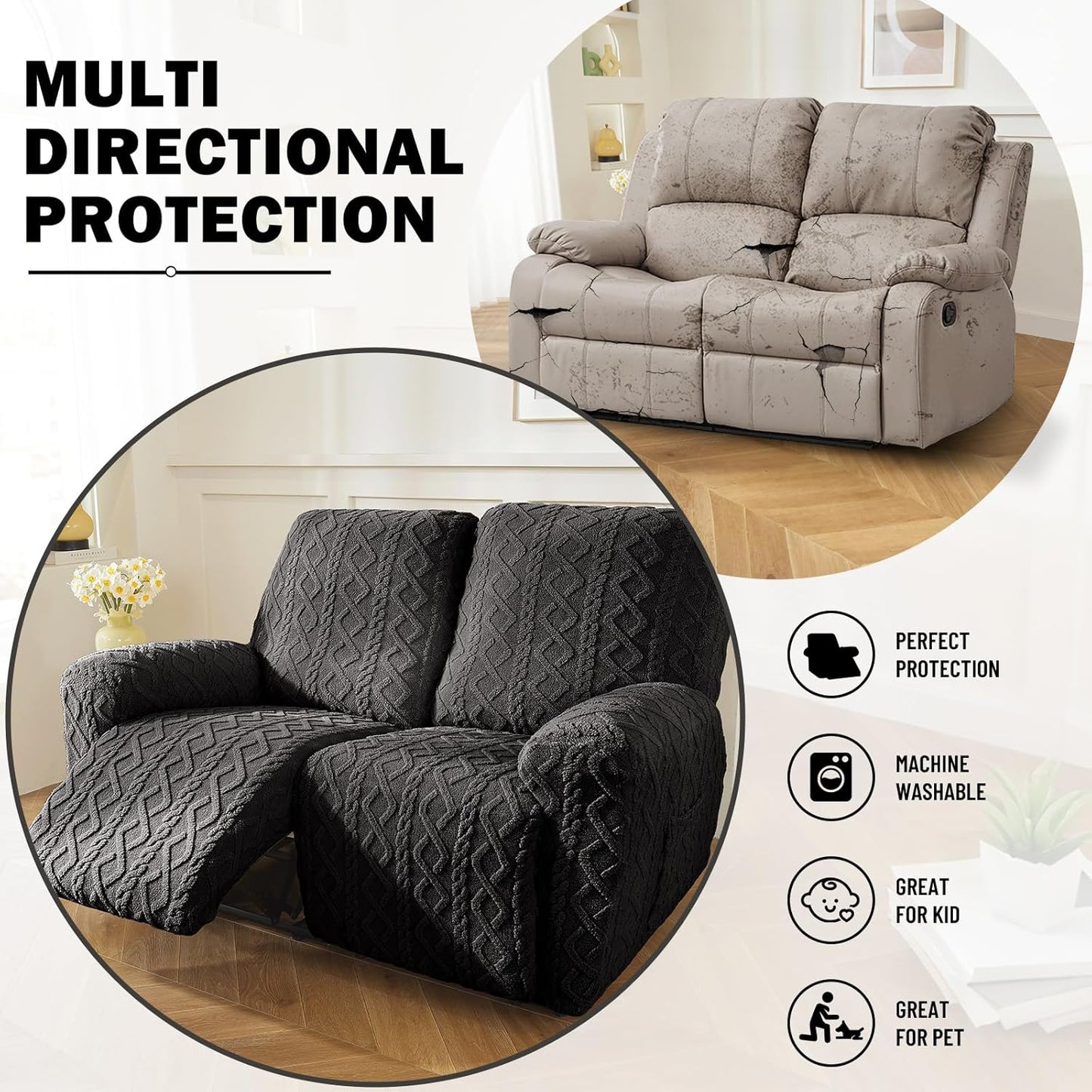 vctops 6 Pieces Geometric Jacquard Plush Recliner Loveseat Slipcovers Soft Fuzzy Fluffy Sofa Couch Cover Anti-Slip Furniture Protector with Elastic Bottom for Kids Cats Dogs(Dark Grey,2 Seat)