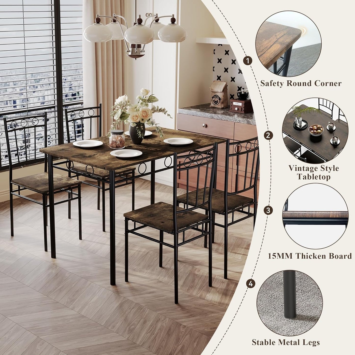 5 Piece Dining Table Set, Modern Metal&Wood Kitchen Dinner Table with 4 Chairs, Dining Room Table Sets for Small Spaces, Brown