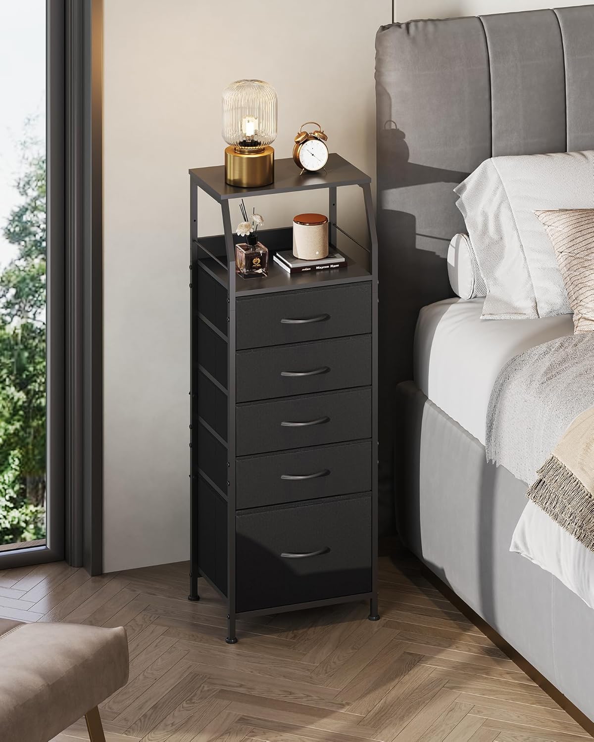 WLIVE Black Fabric Dresser for Bedroom, Tall Nightstand with 5 Drawers & 2 Open Shelves, Modern Night Stand Organizer, Sturdy Steel Frame Bedside Table