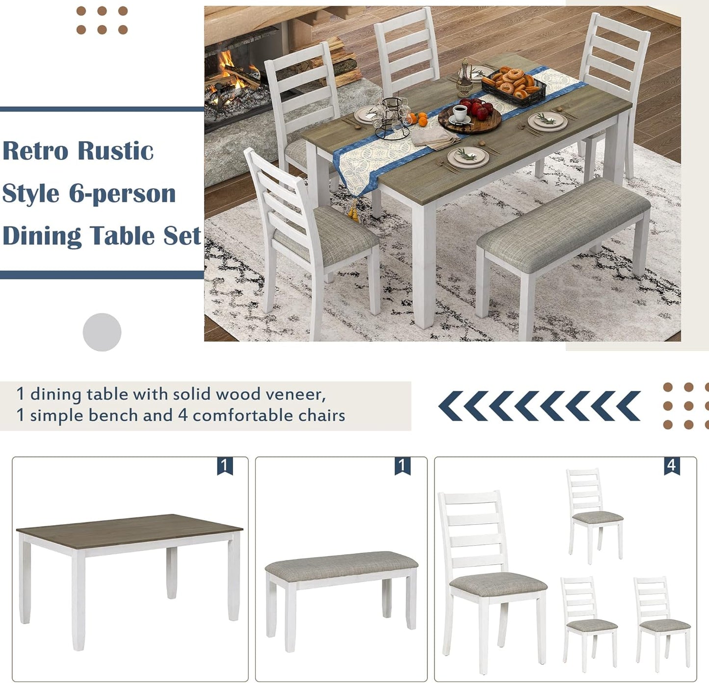 Ball & Cast 6 Piece Dining Table Set with 4 Upholstered Chairs & 1 Bench,Wooden Living Room Furniture W/ 60" Rectangle Kitchen Desk,for Restaurant,Home Bistro,Brown+White Wash