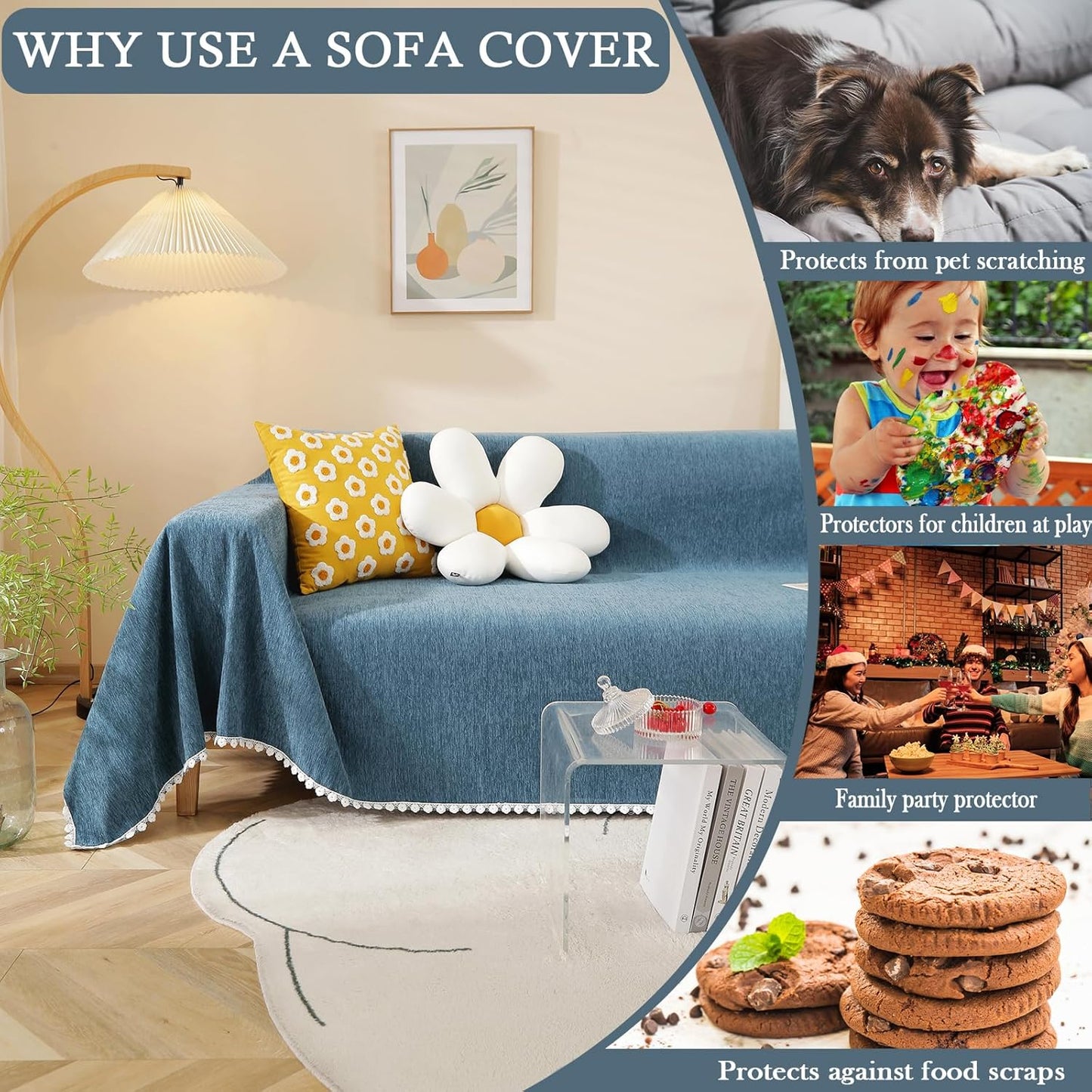 HANDONTIME Navy Blue Sectional Couch Covers, 3 Cushion Couch Chenille Cover with Lace Pattern for Dogs Kids, Fitted, Easy, 71" x 134"