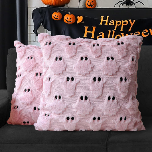 4TH Emotion Halloween Ghost Decorative Pillow Covers 16x16 Set of 2, Pink Soft Plush Faux Fur Farmhouse Throw Cushion Cases for Fall Autumn Holiday Home Decorations
