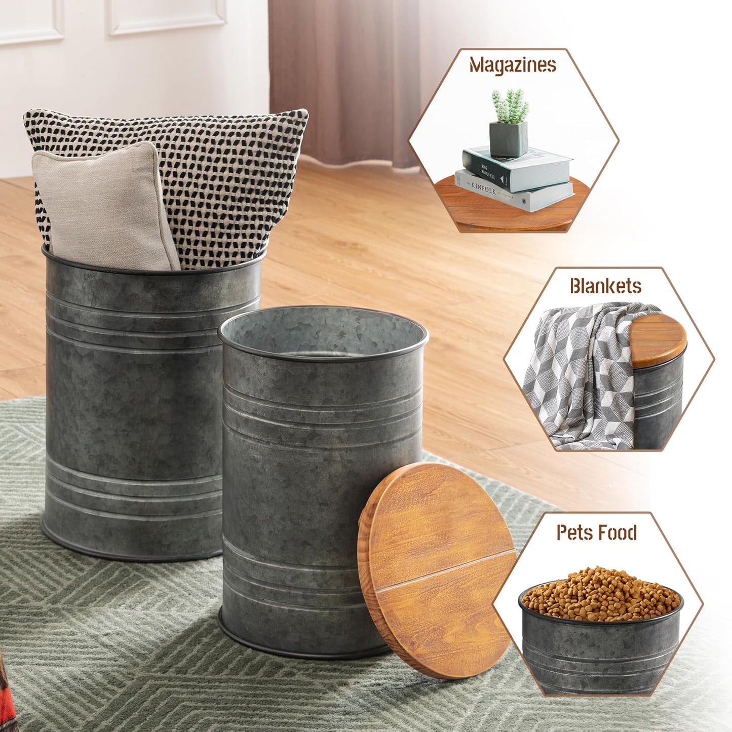 Glitzhome Farmhouse Accent Side Table, Metal Storage Stool Ottoman with Round Lid - Galvanized Coffee Cocktail End Tables Set of 2 for Living Room Bedroom, Grey
