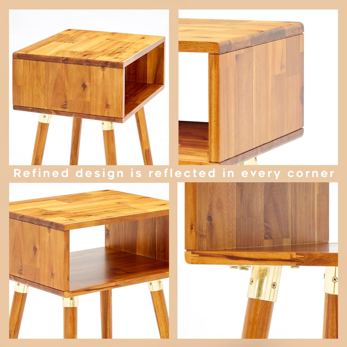 Bme Dinkee Solid Wood Nightstand, Fully Assembled, Without Drawer for Mid Century Bedroom and Living Room, Caramel