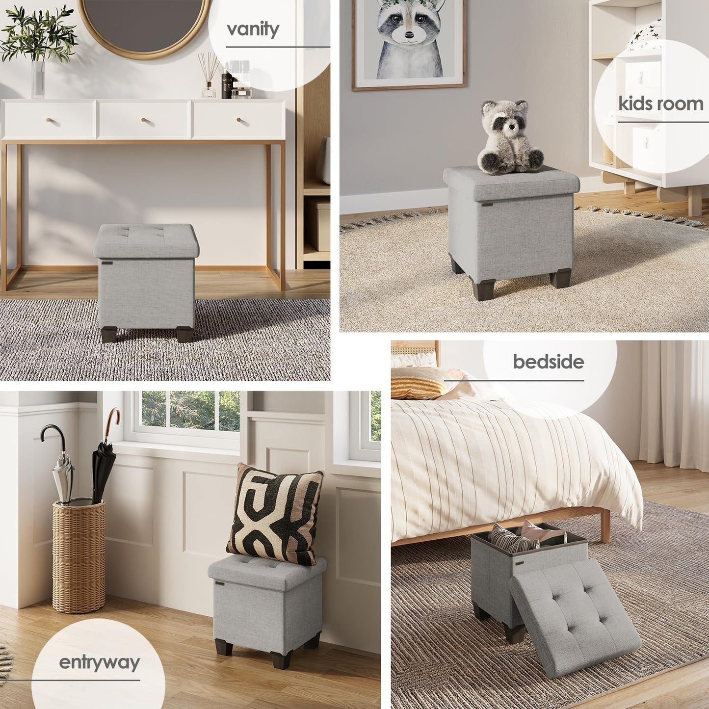 STORAGEBUD Storage Ottoman Cube with Small Bin, 16-in Square Ottoman with Storage for Living Room and Bedroom, Small Ottomans Foot Rest, Fabric Foot Stools Ottomans Max 330lbs, Light Grey