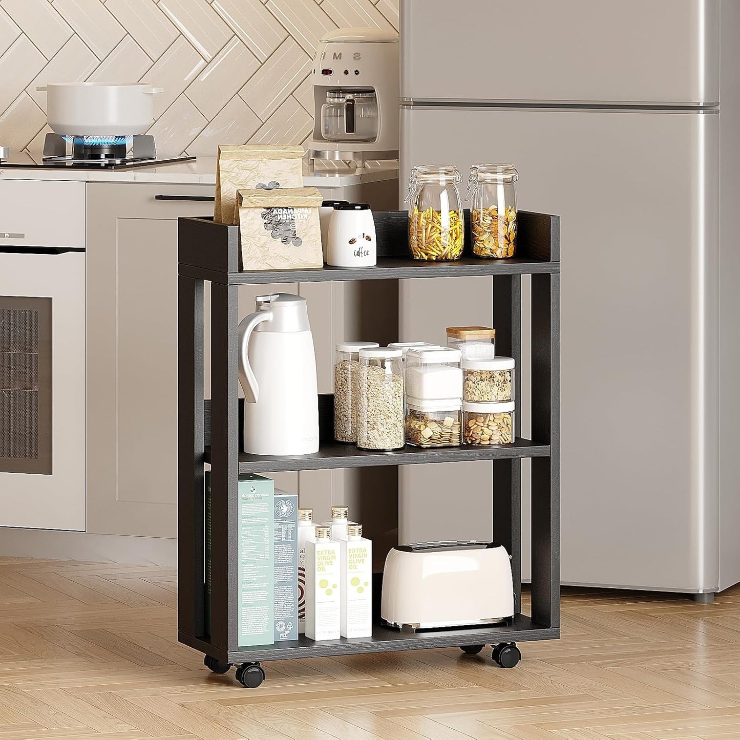 ALISENED Small Bookshelf and Bookcase, 3 Tier Wood Nightstand with Wheels, Modern Bedside End Table with Storage Rack for Bedroom, Library, Living Room, Home, Office Cart, Black