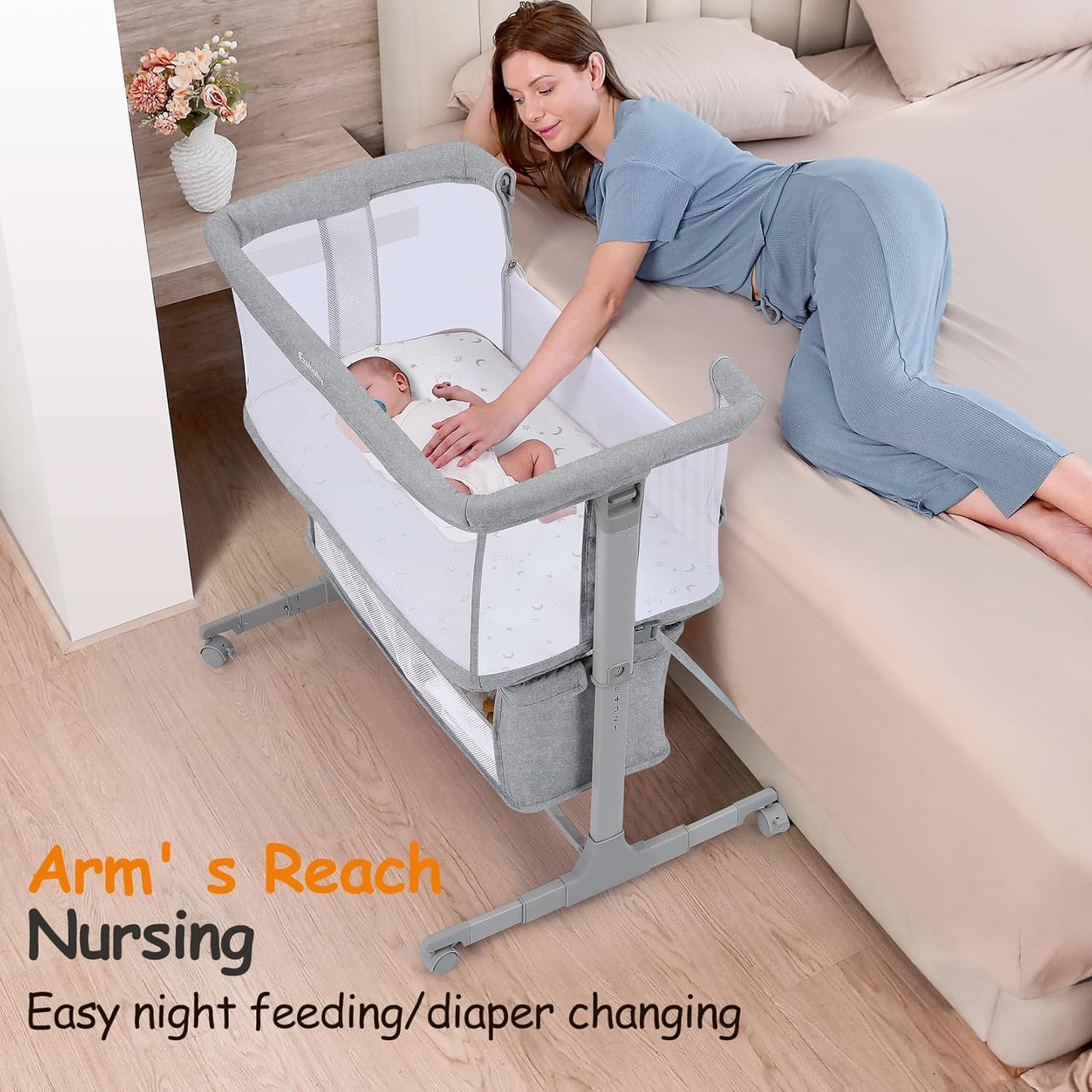 Ezebaby Bedside Bassinet for Baby, Portable Baby Bassinet Bedside Sleeper for Newborn Infants with Wheels Storage Basket, Adjustable 7 Heights and All Mesh Sides