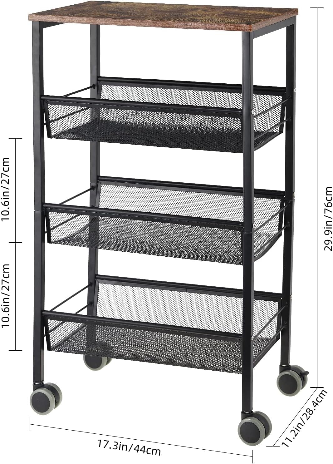 LIANTRAL Rustic Kitchen Storage Cart, 4 Tier Kitchen Cart on Wheels, Metal Mesh Storage Pantry Cart with Lockable Wheels, Wood Look Top and Metal Frame.