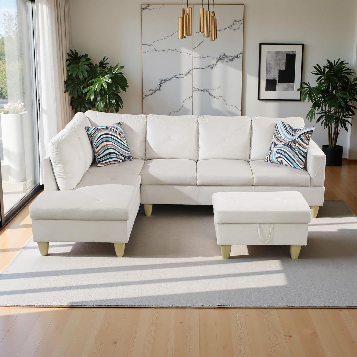 97" Oversized Sectional Couch, L Shaped Couch with Storage Ottoman, Modern Modular Sofa with Deep Seat, Sectional Couches for Living Room and Office, White (Flannel)