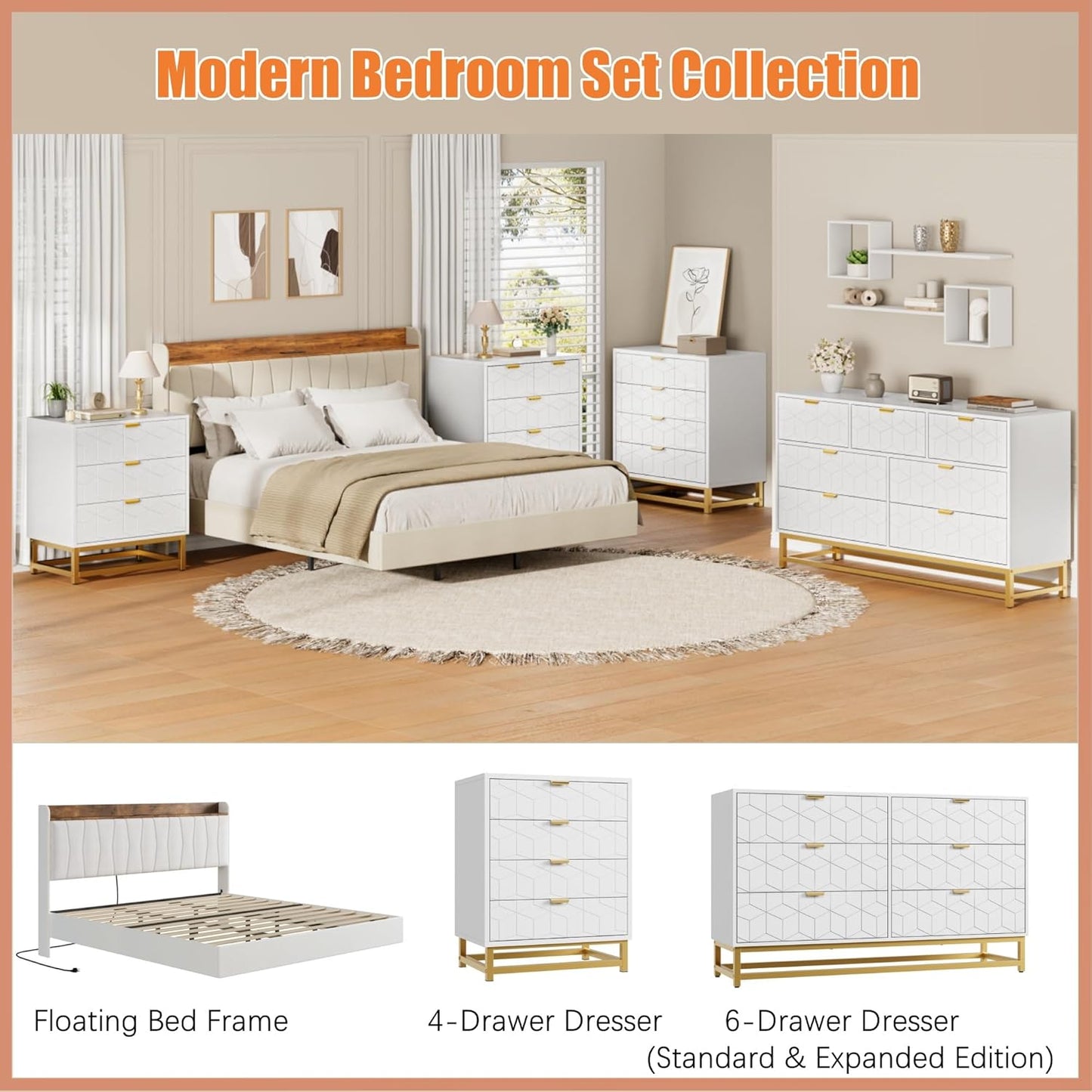 GAOMON White Dresser for Bedroom,Modern 6 Drawer Double Dresser with Gold Handles,Long Storage Organizer for TV Stand & Closet,Large Chest of Drawers for Living Room,Hallway,Entryway